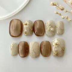 【現品】マグネットネイル　ニュアンス　ブラウン　　ミラーフラワー　大人可愛い