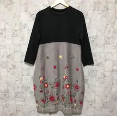 【205 ZERO】花柄刺繍 ドッキングワンピース黒×グレー M〜L