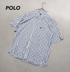 【ポロ】美品 ボタンダウン チェックシャツ L ブルー系 メンズ 夏物 綿100