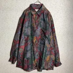 【シルク100%】柄シャツ　長袖　総柄　ペイズリー柄　マルチカラー　紫　緑　赤L