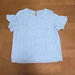 【美品】水色 フリル袖 ストライプ ブラウス 半袖