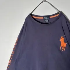 希少カラーpoloラルフローレン刺繍ビッグロゴビッグポニーロンTネイビーオレンジ