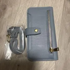 手帳型 iPhone13proケース ストラップブルーグレー カードポケット付き