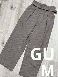 GU チェック柄ハイウエストスラックス ベルト付き