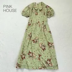 【ピンクハウス】ガーリーワンピース 半袖 パフ袖 フリル襟 総柄 花柄 綿100