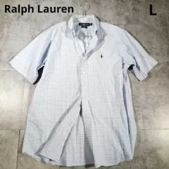 90s ラルフローレン 半袖チェックシャツ　刺繍　ボタンダウン　ブルー　【L】