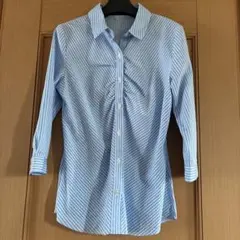 水色ストライプ7分袖シャツ M