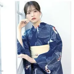 【クリーニング済】紺色／波模様／浴衣・帯セット／フリーサイズ