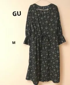 GU 花柄 ウエストゴム リボン付きロングシャツワンピース 7分袖 ブラック M