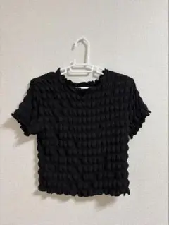 黒 半袖 リブ編み トップス
