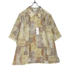 【未使用】ヴィンテージ 総柄シャツブラウス 半袖 ベージュ L レトロ古着