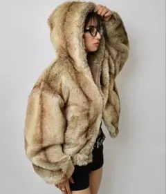 ナチュラルカラー ファーコート フード付