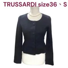 美品　トラサルディ　コットン　ブラック　ノーカラー　ジャケット　36、S、7号