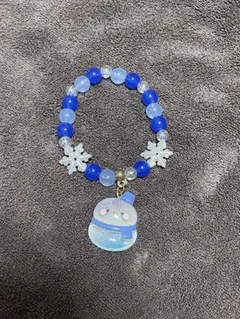 雪だるまチャーム付き青ビーズキーホルダー