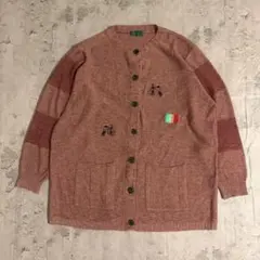 レトロ古着カーディガン赤茶イタリア国旗刺繍デザインゆるだぼY2Kグランジ