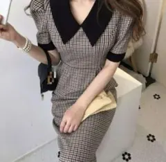 千鳥柄襟付き パフスリーブワンピース  韓国風