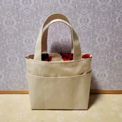 ハンドメイドクリームキャンバスミニ トートバッグ てんとう虫