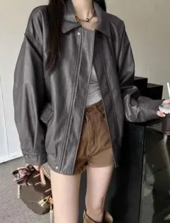 ダークグレー 合成皮革 オーバーサイズジャケット