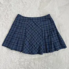 ◆アース　チェック柄　プリーツ　ミニスカート　スカパン　ウエストゴム　ブルー　М