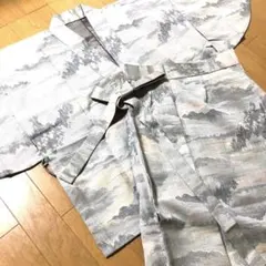 ウール　洗える二部式着物　作務衣の様なカジュアルな❤️爽やか白系　山並みに朝霧❤️