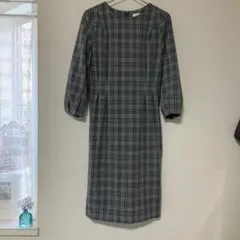 グレー系チェック柄 七分袖膝丈ワンピース