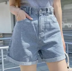 デニムショートパンツ レディース ハイウエスト ロールアップ
