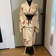 着物リメイク　和洋折衷コーデ　小紋クリーム色紅葉模様　銀糸キラキラ　セットアップ