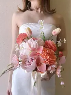 アーティフィシャルフラワー　コーラル　ピンク　前撮り　造花ブーケ　ウエディング