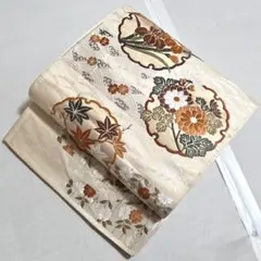 A5◆着物くつろぎ 唐織 雪輪に花模様 金糸 白地 霞 六通 正絹 袋帯 04