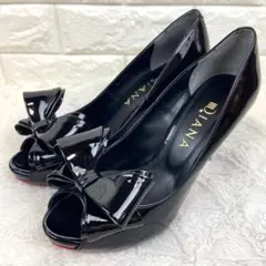 極美品 ダイアナ リボン エナメル レッドソール ブラック 黒色 オープントゥ