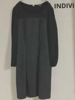 INDIVI インディビ　長袖　ひざ丈ワンピース ラメ入り黒・グレー