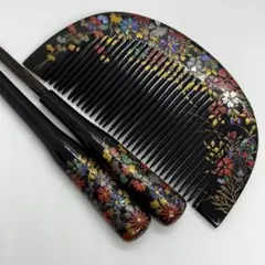 箱030503 心斎橋井筒屋　本鼈甲櫛　螺鈿金蒔絵　百花繚乱　木製笄　かんざし