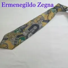 エルメネジルドゼニア　ネクタイ　黄色　総柄　絹　シルク　アート【n2418】