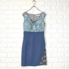 ジュエルズ/S/青/花柄/ミニワンピース/ノースリーブ/刺繍/サイドレースアップ