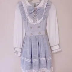 リズリサ シアーチェックエプロンフリルワンピース ブルー 量産型