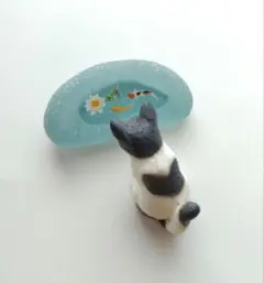 No.950 鯉と猫置物　シーグラスアート　シーグラス　猫オブジェ　ガラスアート