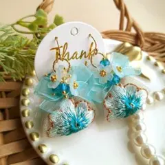 ✦New✦春夏♡爽やかブルーグリーン✽ふんわり水色▷◁お花刺繍インドリボンピアス