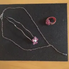 パープル系アクセサリー3点セット かんざし　ビーズリング　ビーズネックレス