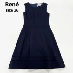 良品✨ Rene ステッチデザイン ノースリーブ フレアワンピース 38 紺