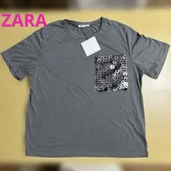 ZARA TRAFALUC スパンコールポケット Tシャツ グレー Lのサムネイル