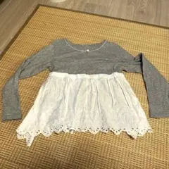 [130]キッズ　グレー レース付き長袖カットソー 綿100% リボンが可愛い