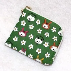 ハンドメイド　L字ファスナーポーチ　コインパース　うさ猫　グリーン
