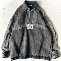 80s ユーロ古着 day-X襟付きブラックデニムプルオーバー シャツジャケット
