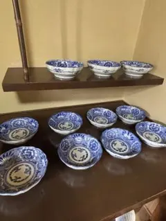 染付 皿 鉢 纏め売り 11点 ／小皿3点／古伊万里風／青花 手描き／輪花形