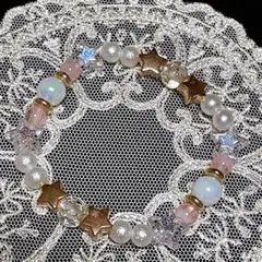 《a41》2種のスターとエアリーパールピンクブレスレット