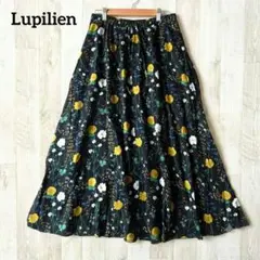 Lupilien 花柄ロングフレアスカート F 黒 ブラック 綿 大人可愛いのサムネイル