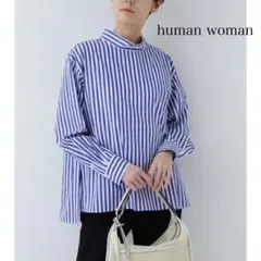 human woman ヒューマンウーマン モックネックブラウスストライプ