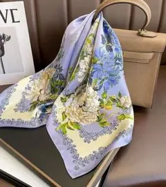 大判スカーフ バックチャーム バッグスカーフ ヘアアクセ 花 パープル 紫