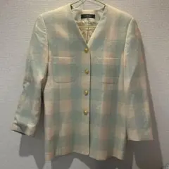 【希少】昭和レトロ アデンダ ノーカラー ツイードジャケット 水色 金ボタン