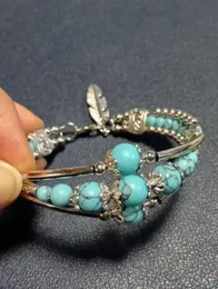 ターコイズ レイヤード風バングル風 / アンティークシルバー フェザー付 ✨